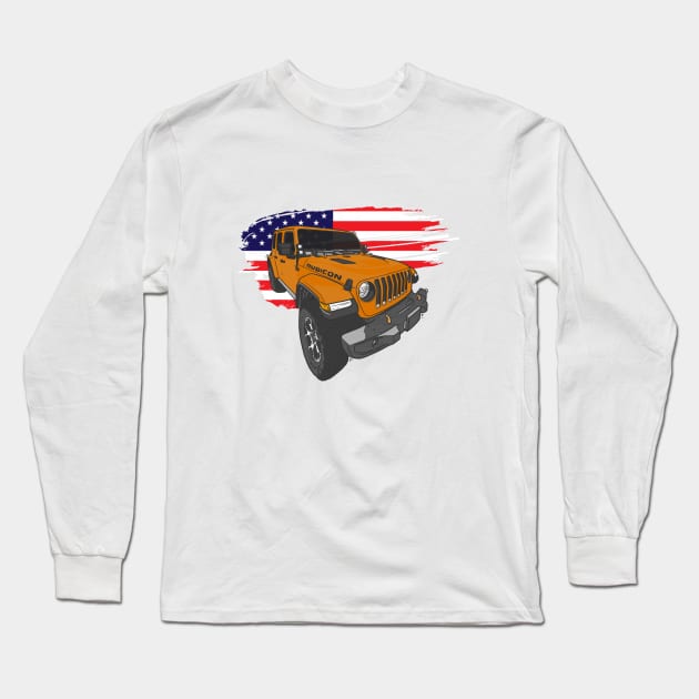 Jeep Wrangler with American Flag - Orange Long Sleeve T-Shirt by 4x4 Sketch